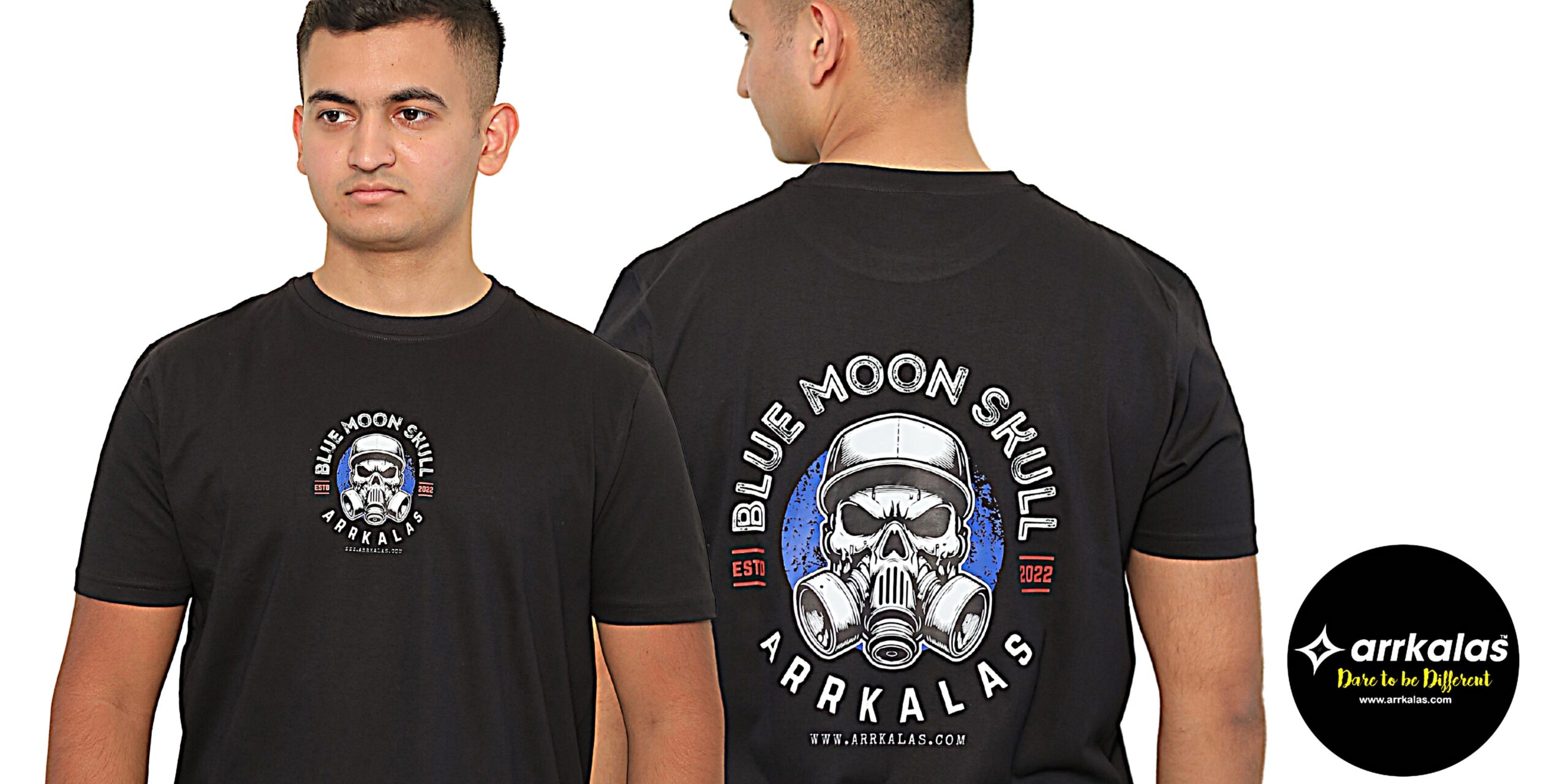 The “Blue Moon Skull” design by Arrkalas features a bold skull wearing a gas mask and cap, set against a striking blue moon backdrop. It blends urban street style with a post-apocalyptic edge, symbolizing resilience and rebellion.