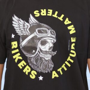 A fierce biker skull with wings and a vintage helmet roars with rebellion, etched boldly on black. Surrounded by blazing yellow text — “BIKERS ATTITUDE MATTERS” — this tee screams pure road rage style
