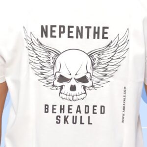 A fierce winged skull stares with cold rage, crowned by the word “NEPENTHE” — a symbol of dark escape. Below, “BEHEADED SKULL” dares you to face rebellion with no mercy and no return