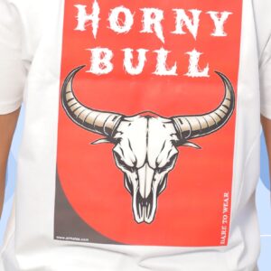 A blazing bull skull with massive horns set against a bold yellow backdrop, stamped with the fierce words “HORNY BULL.” A savage symbol of raw power, primal rage, and untamed attitude.
