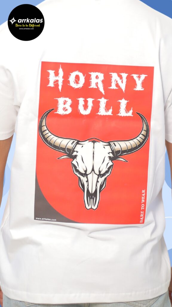 A blazing bull skull with massive horns set against a bold yellow backdrop, stamped with the fierce words “HORNY BULL.” A savage symbol of raw power, primal rage, and untamed attitude.