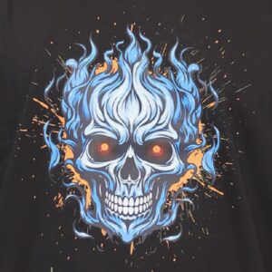 A blazing blue skull with fiery red eyes erupts in electric flames and sparks, radiating fierce rebellion and raw energy. This “Flaming Fury” design on a dark tee from Arrkalas screams chaos, power, and untamed fire from the dark side