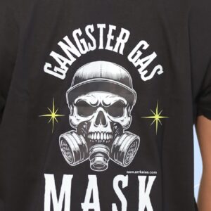 A fierce skull in a cap dons a dual gas mask, exuding raw street power. Bold text reads “Gangster Gas Mask” with gritty, rebellious energy