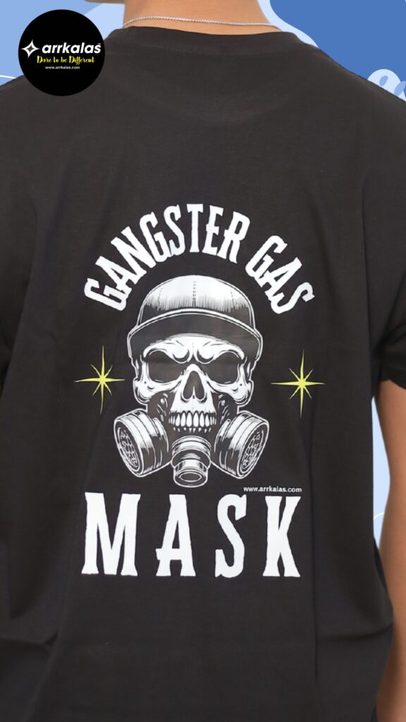 A fierce skull in a cap dons a dual gas mask, exuding raw street power. Bold text reads “Gangster Gas Mask” with gritty, rebellious energy