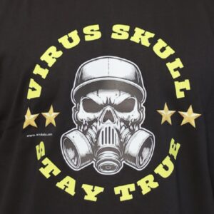 A bold graphic T-shirt design featuring a fierce skull in a gas mask and cap, framed by yellow text reading “VIRUS SKULL STAY TRUE” and flanked by three stars on each side. The edgy design from Arrkalas evokes rebellion, survival, and street power with a post-apocalyptic attitude