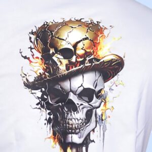 A flaming skull wearing a cracked, ornate hat — resembling a dark, fiery magician straight from a gothic fantasy. The eerie artwork gives Mandrake vibes with a sinister, haunting twist