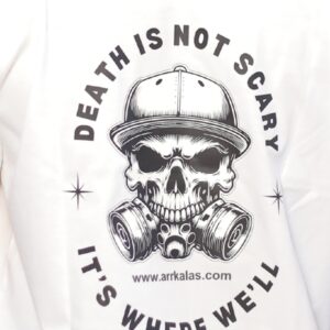 A fierce skull in a cap and gas mask stares boldly under the quote “Death is not scary, it’s where we’ll end up,” capturing the fearless acceptance of fate. A chilling tribute to destiny with unapologetic street attitude