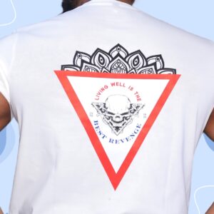 Alt Text: A fierce skull design framed in a red triangle, crowned with ornate black patterns. The quote “Living well is the best revenge” surrounds the skull, merging elegance with a savage message of power and silent dominance.