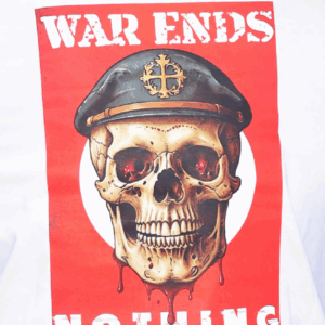 A skull of a German WWII soldier with blood-red eyes, symbolizing that war ends nothing—only leaves death and lasting darkness