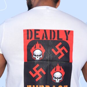 A bold and provocative T-shirt design titled “Deadly Embrace” featuring flaming skulls and sharp-edged graphics. Designed in intense red, black, and gold, it reflects ARRKALAS’s dark-side brand rooted in chaos, rebellion, and fearless symbolism