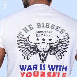 This striking T-shirt design features a horned skull with wings beneath the bold quote “The biggest war is with yourself.” A fearless ARRKALAS creation, it symbolizes inner battles, dark strength, and personal domination