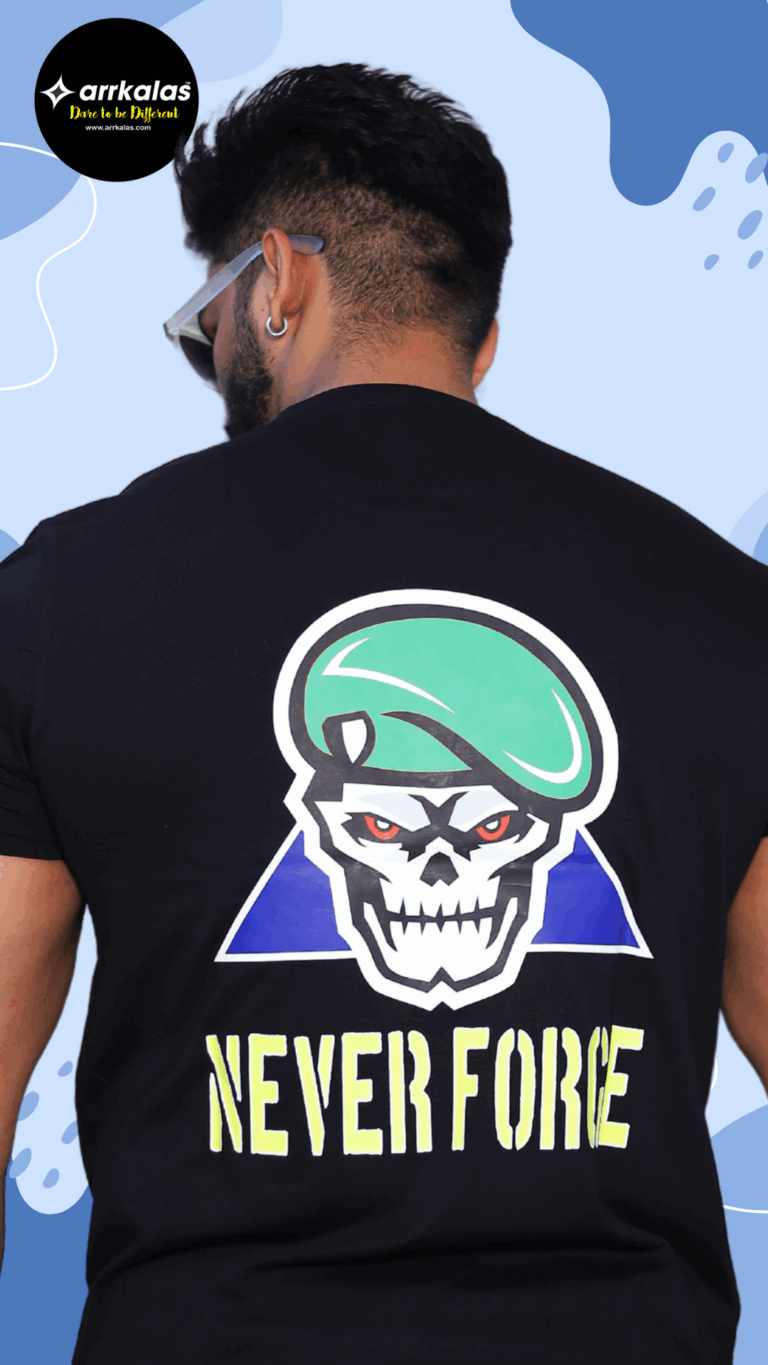A bold T-shirt design featuring a skull-faced military figure in a green beret with fierce red eyes, symbolizing strength and warning. The phrase “NEVER FORCE” reflects his silent code—respect is earned, not commanded