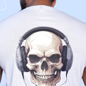 A haunting skull wearing large headphones, printed on the back of a white T-shirt. The design fuses death with rhythm—where silence dies and the beat reigns deadly.