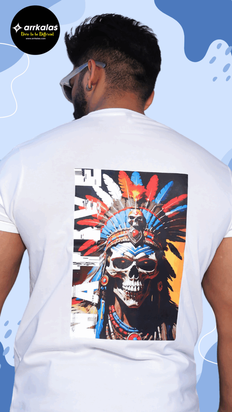 A fierce skull adorned with a traditional Native American headdress featuring vibrant red, blue, and white feathers. The figure wears tribal jewelry and glows with an intense, mystical energy