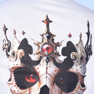 A menacing skull forms the base of an intricate crown design, with piercing red eyes glowing from its hollow sockets. Gothic details and sharp ornamental points give it a regal yet sinister aura. Perfect for dark, rebellious artwork or bold fashion statements