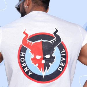A bold, stylized logo of a horned devil skull split into red and dark blue halves, with sharp features and intense eyes. The circular emblem reads “HORNY DEVIL” around the edge in white text