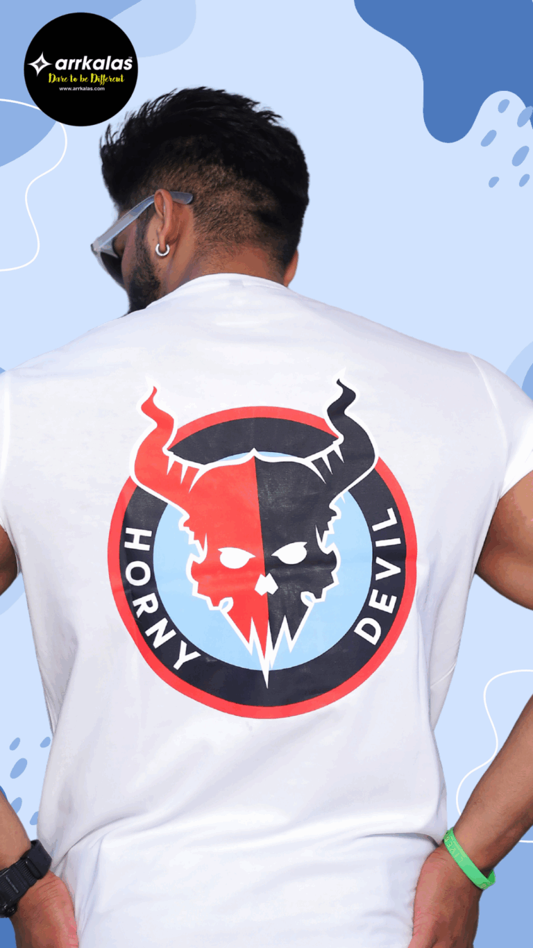 A bold, stylized logo of a horned devil skull split into red and dark blue halves, with sharp features and intense eyes. The circular emblem reads “HORNY DEVIL” around the edge in white text