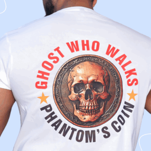 A bronze coin featuring a detailed skull with deep eye sockets and aged texture, encased in an ornate border. Surrounding the coin are the words “GHOST WHO WALKS” in red above and “PHANTOM’S COIN” in black below, with orange stars on either side. The design blends mystery, legacy, and a haunting presence.