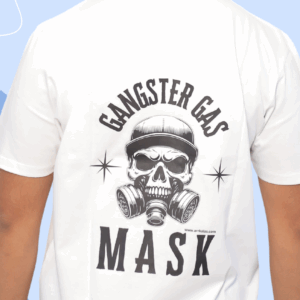 A fierce skull in a cap dons a dual gas mask, exuding raw street power. Bold text reads “Gangster Gas Mask” with gritty, rebellious energy