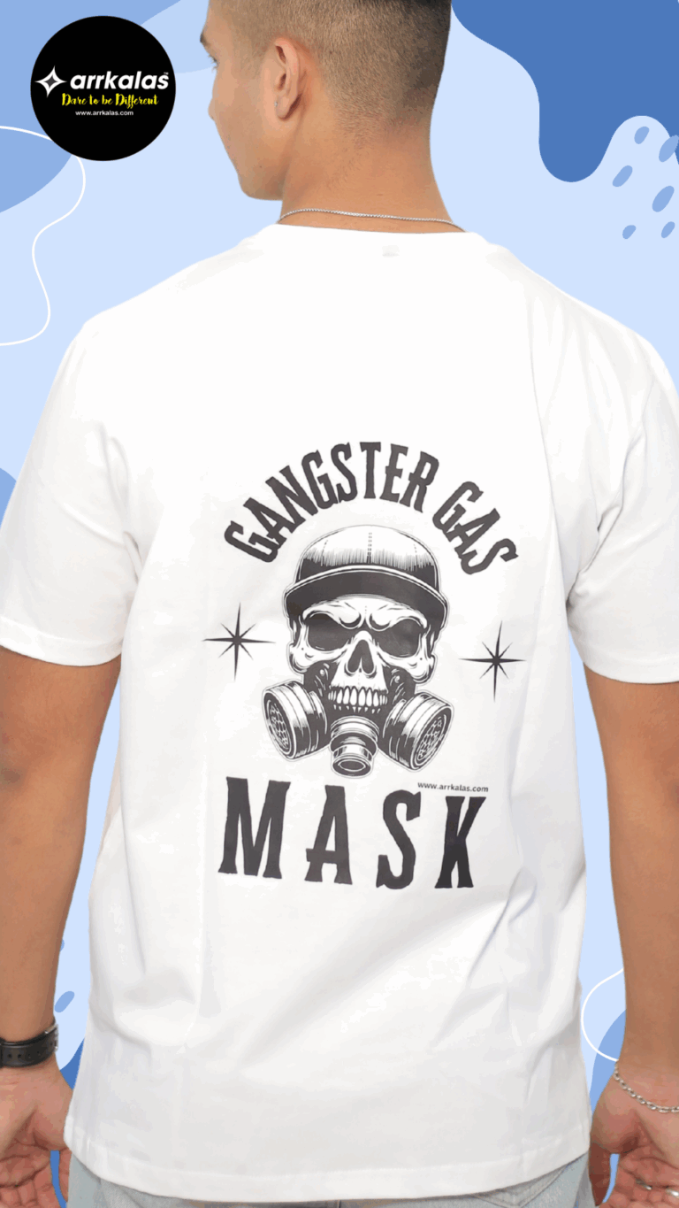 A fierce skull in a cap dons a dual gas mask, exuding raw street power. Bold text reads “Gangster Gas Mask” with gritty, rebellious energy