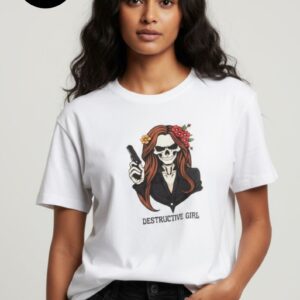 White Arrkalas women’s T-shirt featuring a bold graphic of a fierce skeleton girl with flowing brown hair adorned with flowers, holding a gun and smiling mischievously. The design includes the text ‘Destructive Girl’ below, blending gothic and feminine art elements for a striking streetwear look