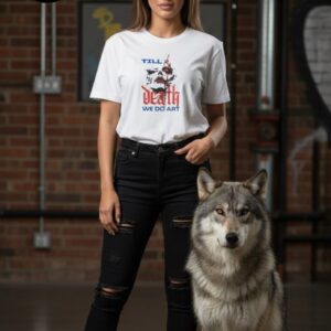 A stylish young woman stands confidently in an urban setting, wearing a white T-shirt emblazoned with a striking skull design and the vibrant slogan “Till Death We Do Art” in blue and red letters—a bold fusion of creativity and fearless self-expression, perfectly paired with her black ripped jeans