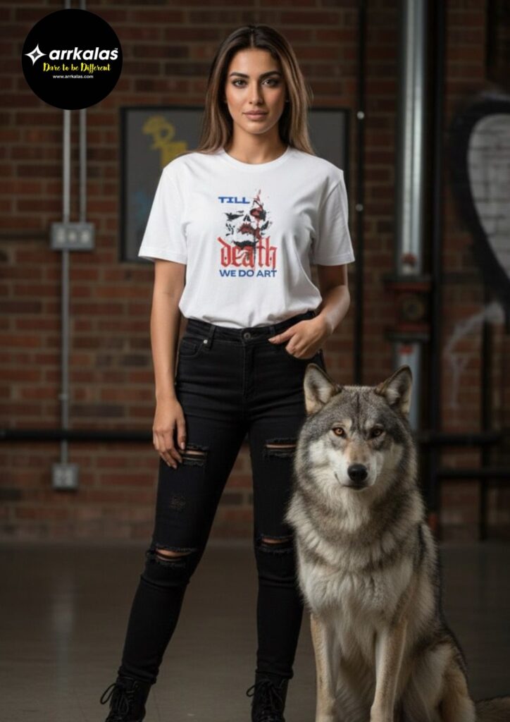 A stylish young woman stands confidently in an urban setting, wearing a white T-shirt emblazoned with a striking skull design and the vibrant slogan “Till Death We Do Art” in blue and red letters—a bold fusion of creativity and fearless self-expression, perfectly paired with her black ripped jeans