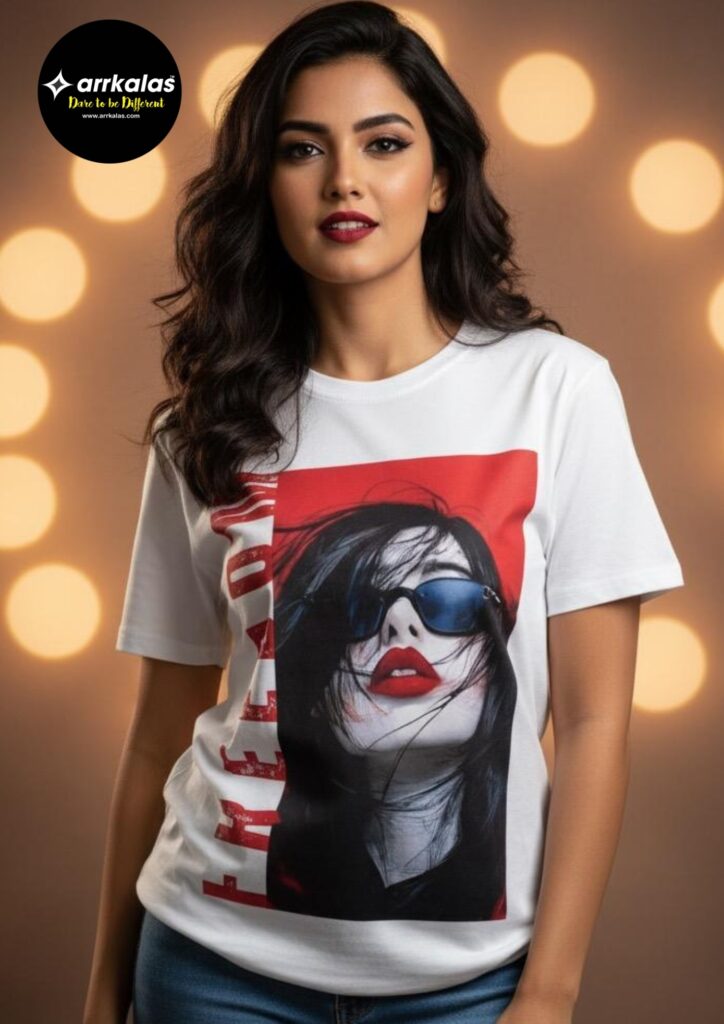 Stylish white T-shirt featuring a striking graphic of a woman with sunglasses and bold red lips, set against a vivid red background with the word ‘FREEDOM’ vertically aligned down the left. Perfect blend of attitude and art for a modern urban look