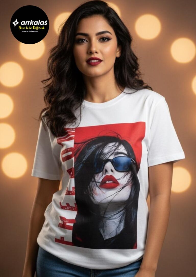 Stylish white T-shirt featuring a striking graphic of a woman with sunglasses and bold red lips, set against a vivid red background with the word ‘FREEDOM’ vertically aligned down the left. Perfect blend of attitude and art for a modern urban look