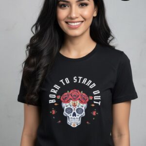 A black t-shirt displays a vibrant Day of the Dead-style sugar skull with ornate floral designs, red roses on top, and the bold text “Born to Stand Out” arching above the artwork