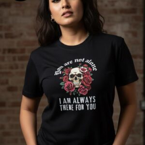 A confident woman wears a black T-shirt adorned with a striking design featuring a detailed ivory skull surrounded by vibrant red roses. Above the artwork, it reads “You are not alone,” while below it says “I am always there for you.” The T-shirt pairs effortlessly with her stylish black pants, set against a rustic brick wall, embodying empowerment and a touch of edgy charm
