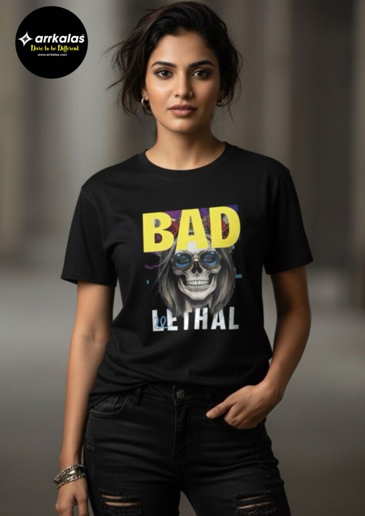 A stylish woman wearing a striking black T-shirt with bold yellow lettering that says “BAD” above a unique graphic and the word “LETHAL” in crisp white, embodying fierce confidence, modern attitude, and standout street fashion