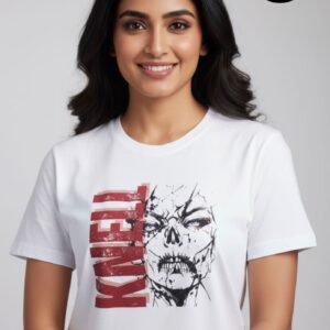 Step into your boldest self with the Arrkalas “KNELL” Graphic Women’s T-Shirt. Crafted from premium cotton, this white tee features a striking skull face design paired with vertical red typography that reads “KNELL,” symbolizing strength, rebellion, and confidence. The edgy black-and-red artwork gives it a modern streetwear vibe, perfect for women who love to make a fearless style statement
